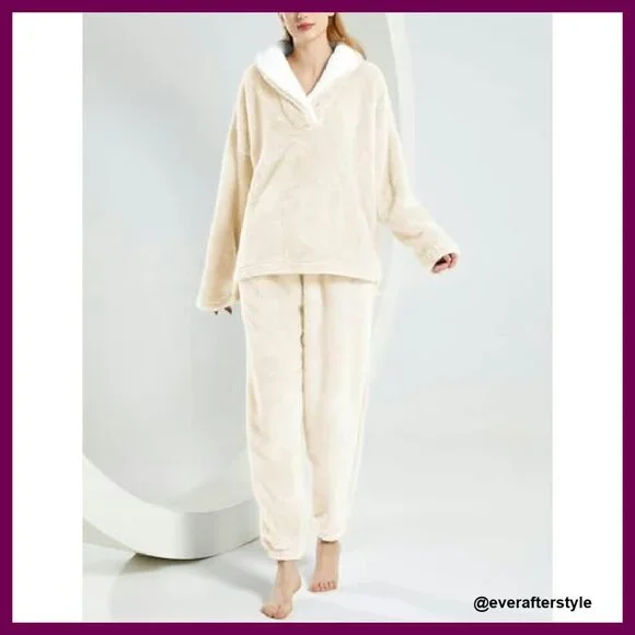 Fluffy Plush Pajama Lounge Set Loose Fit Pullover Pants with Pockets